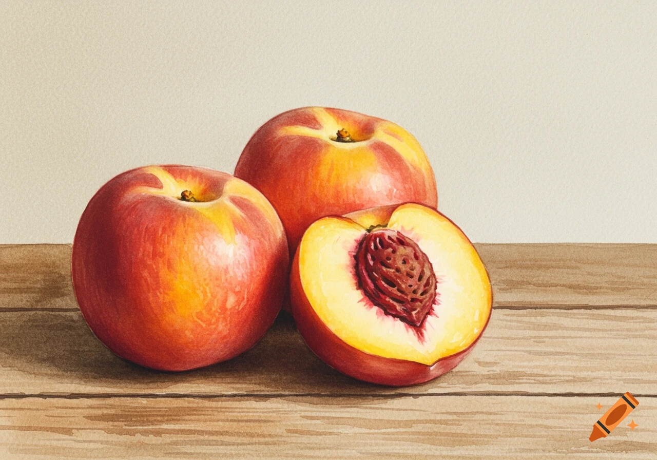 Three watercolor peaches, one cut open, sit on a wooden table.