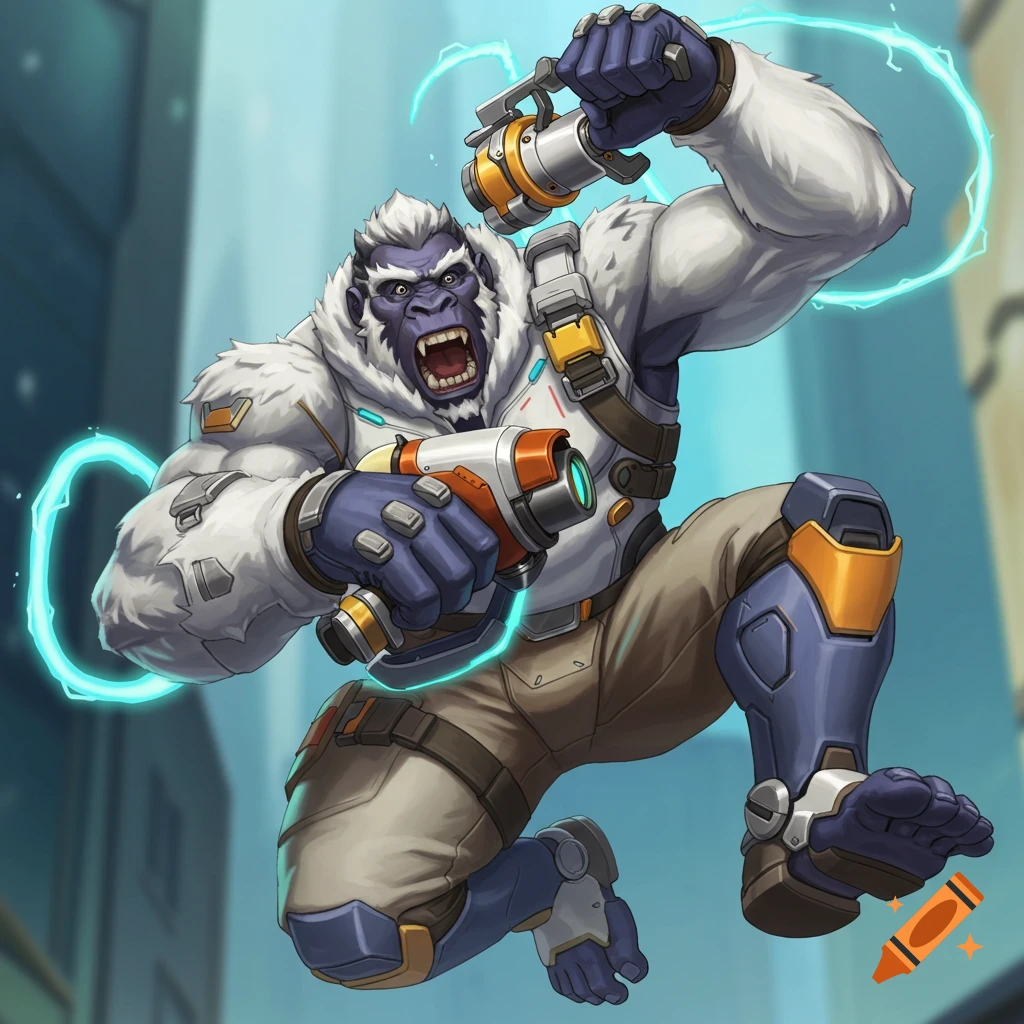 Stylized illustration of Winston, the gorilla character from Overwatch, leaping and roaring, surrounded by blue electricity against a city background.