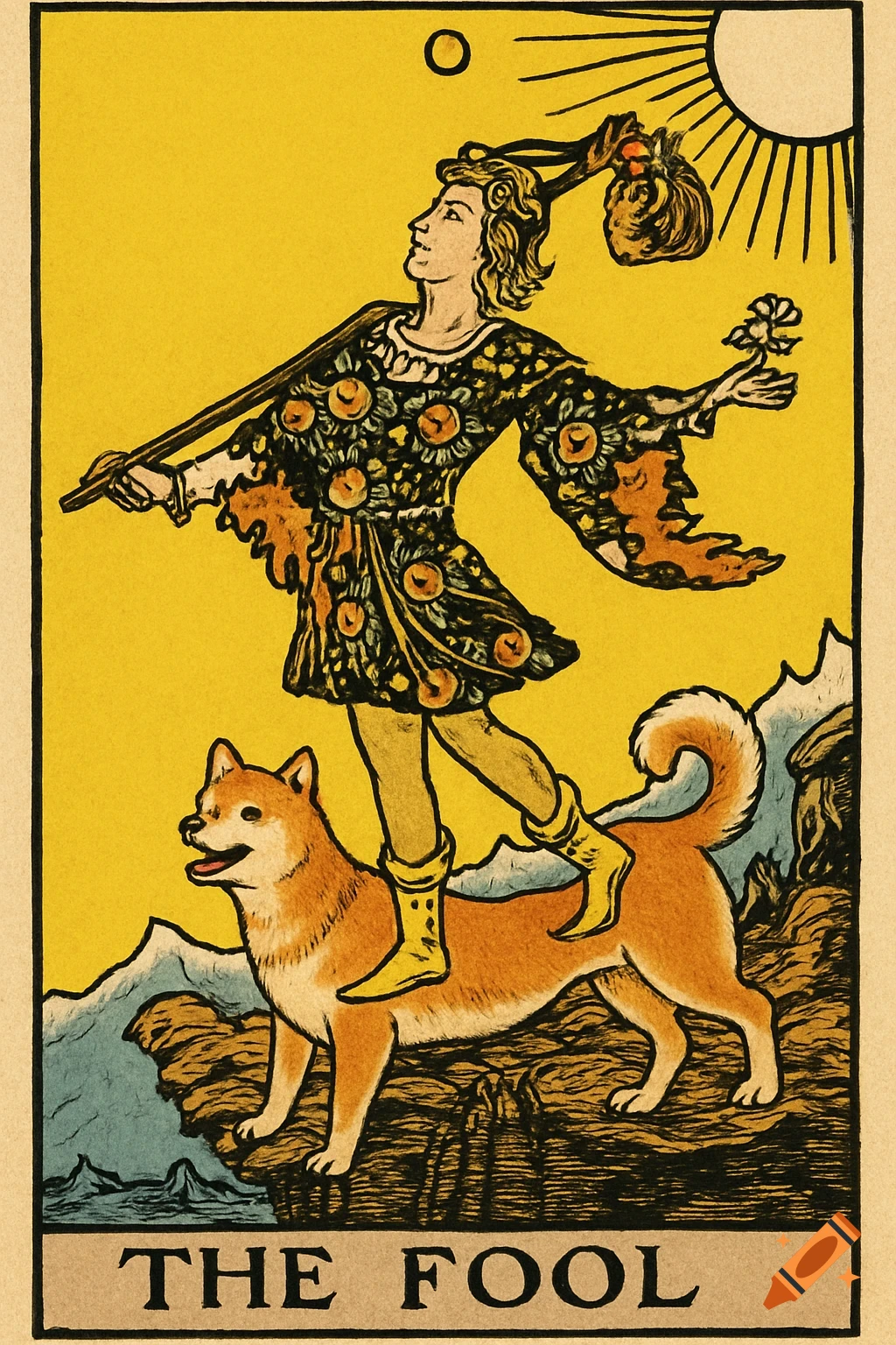 The Fool tarot card in Rider Waite style, depicting a youth with a staff, a small bag, and a Shiba Inu dog on a cliff.