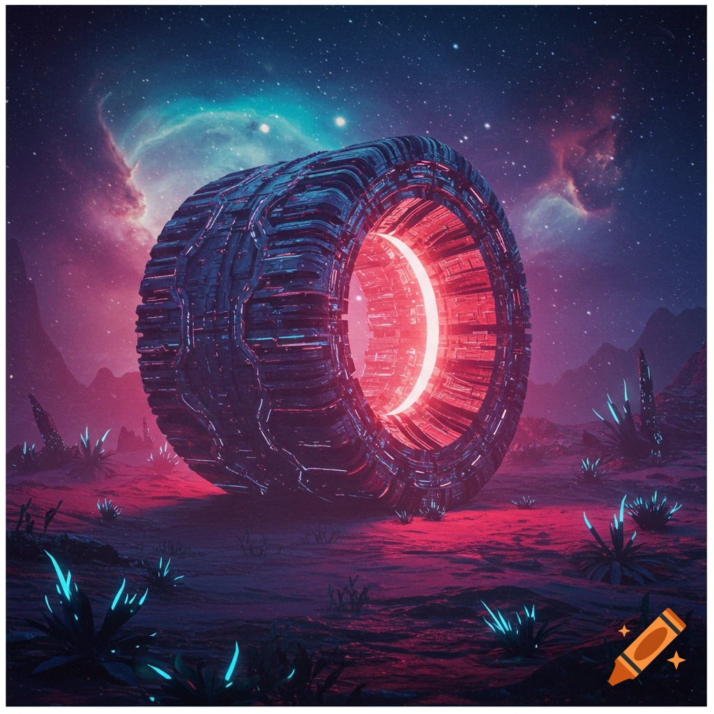 A large glowing red and blue futuristic ring structure on a purple alien landscape under a starry, nebulous sky.