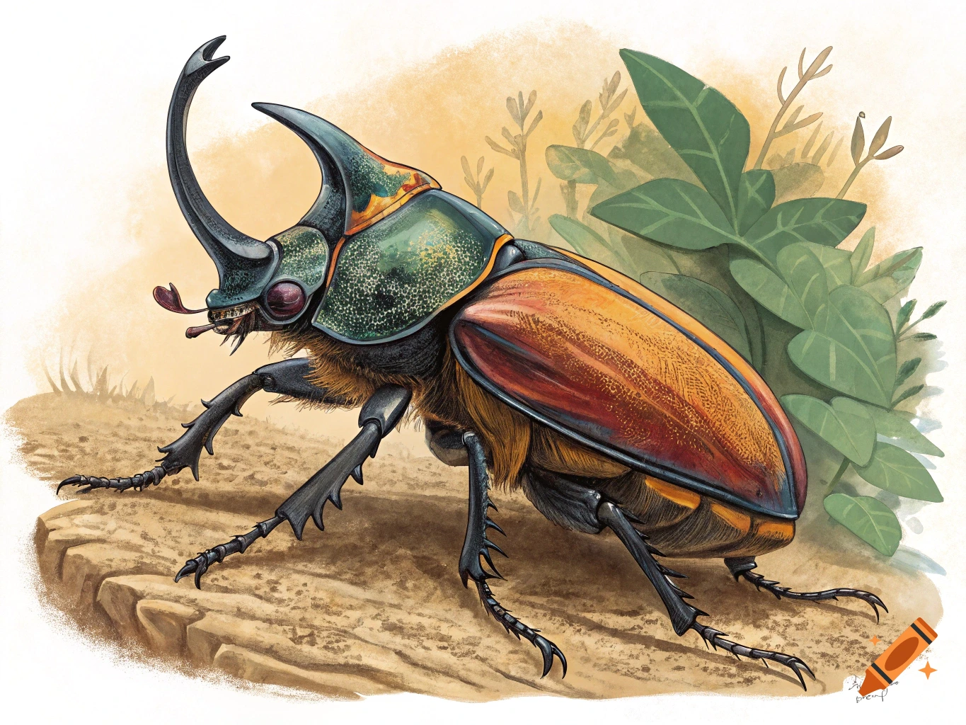 A large, colorful, horned beetle with green, orange, and red markings stands on rocky ground with green plants behind it, in a detailed illustration.