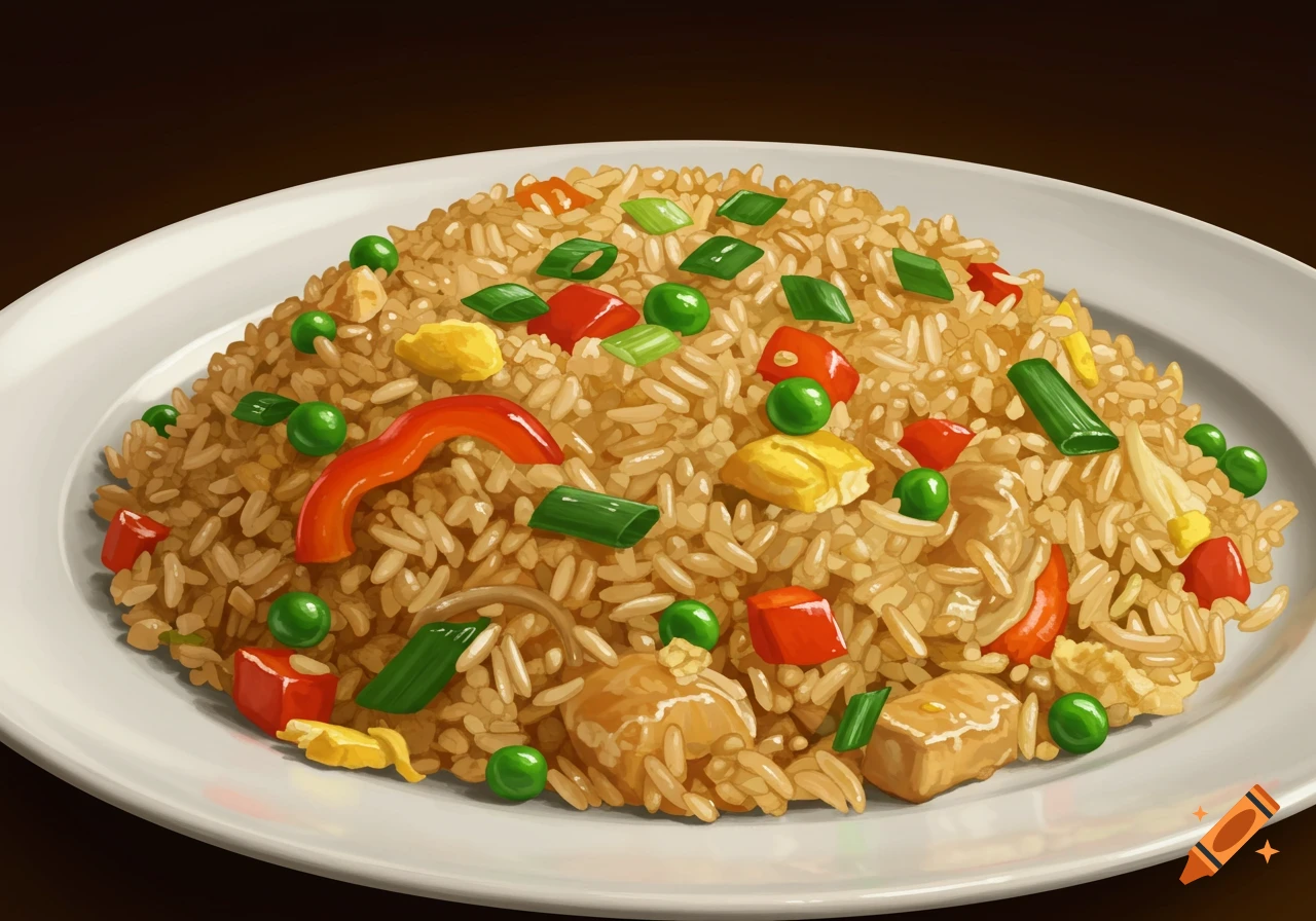 A close-up illustration of a large serving of fried rice with peas, red bell peppers, green onions, and egg on a white plate.