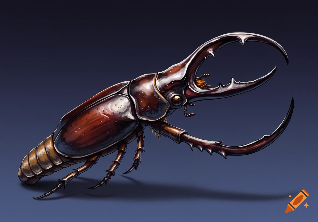 A detailed illustration of a brown beetle with large, prominent mandibles, against a dark blue background.