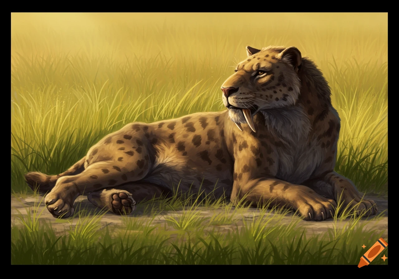A majestic Smilodon fatalis, also known as a saber-toothed tiger, lies relaxed in a sunlit grassy savannah.