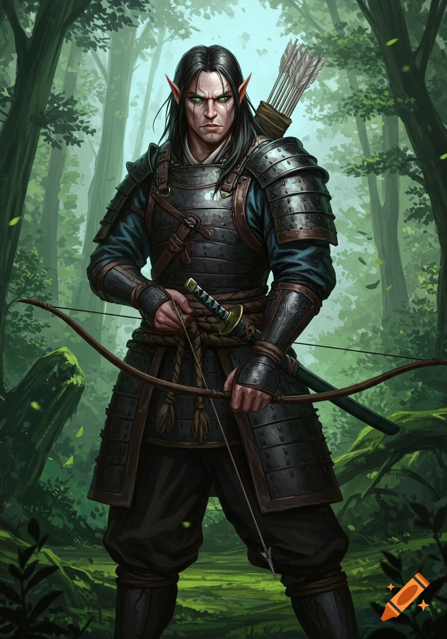 A rugged male elven samurai with long dark hair and green eyes stands ...