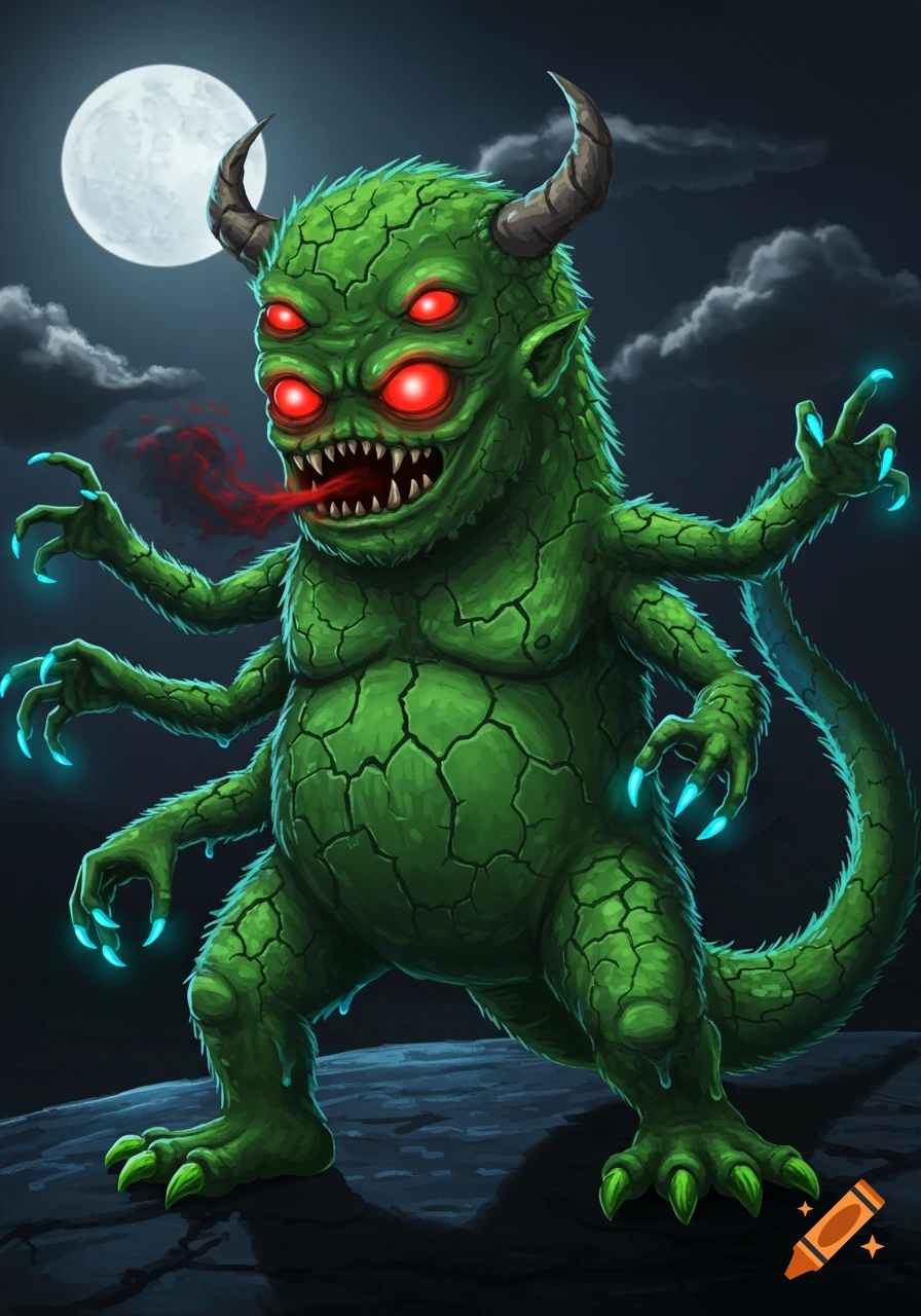 A monstrous, green, reptilian creature with cracked skin, four glowing red eyes, two horns, and six arms with glowing blue claws, stands under a full moon at night.