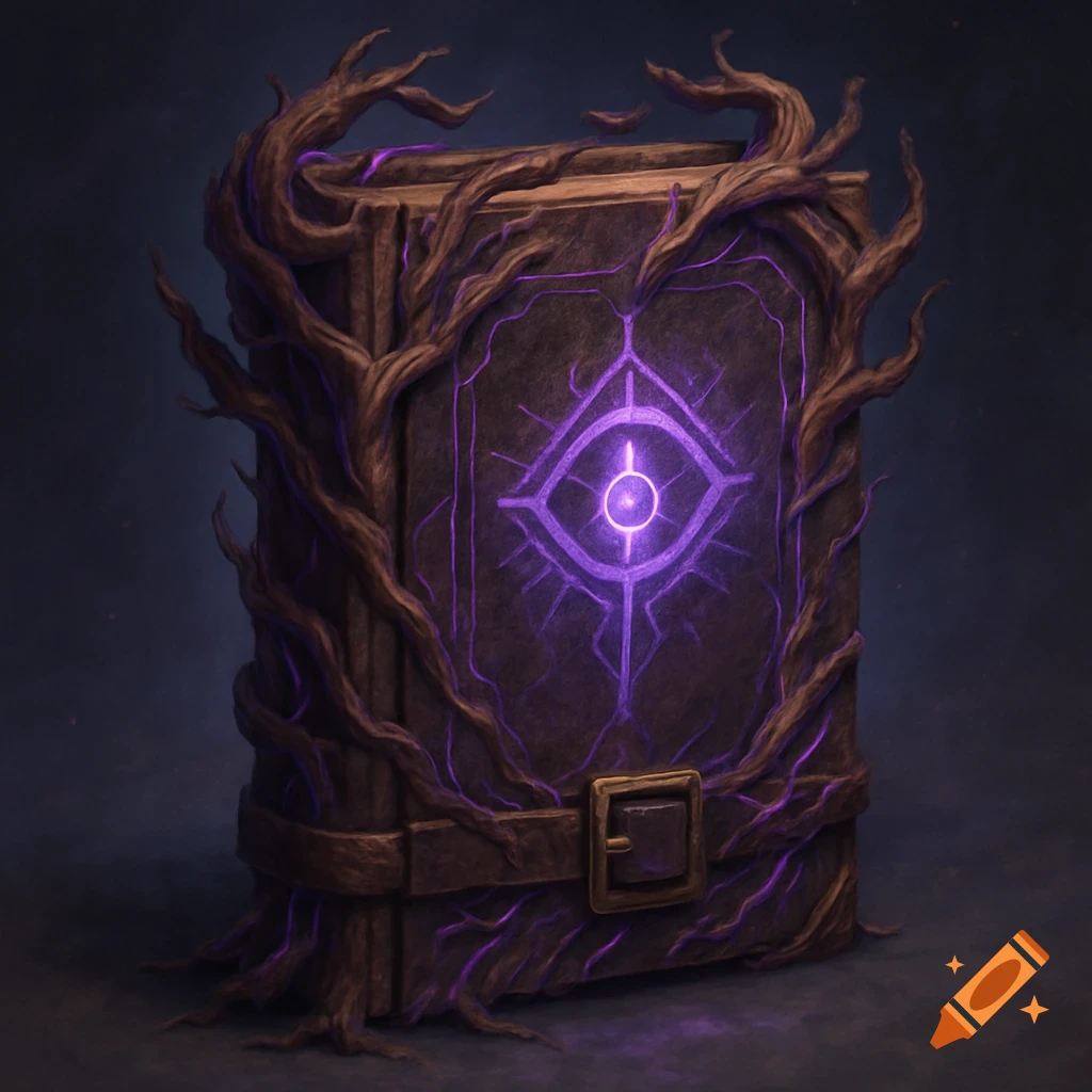 A dark magical grimoire covered in gnarled roots, with a glowing purple eye-like symbol on its cover.