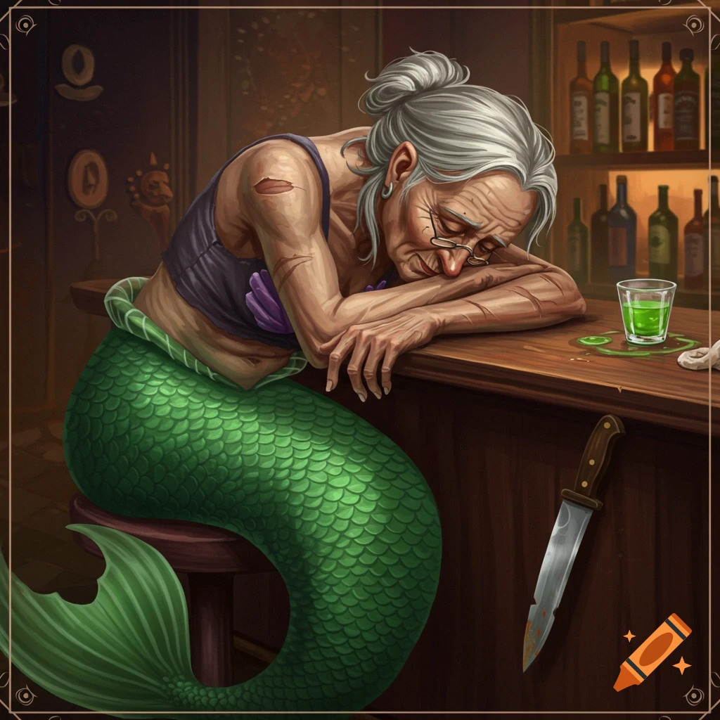 An old, grey-haired mermaid with a green tail sleeps with her head down on a wooden bar next to a green drink and a bloody knife. Bottles line shelves in the background.