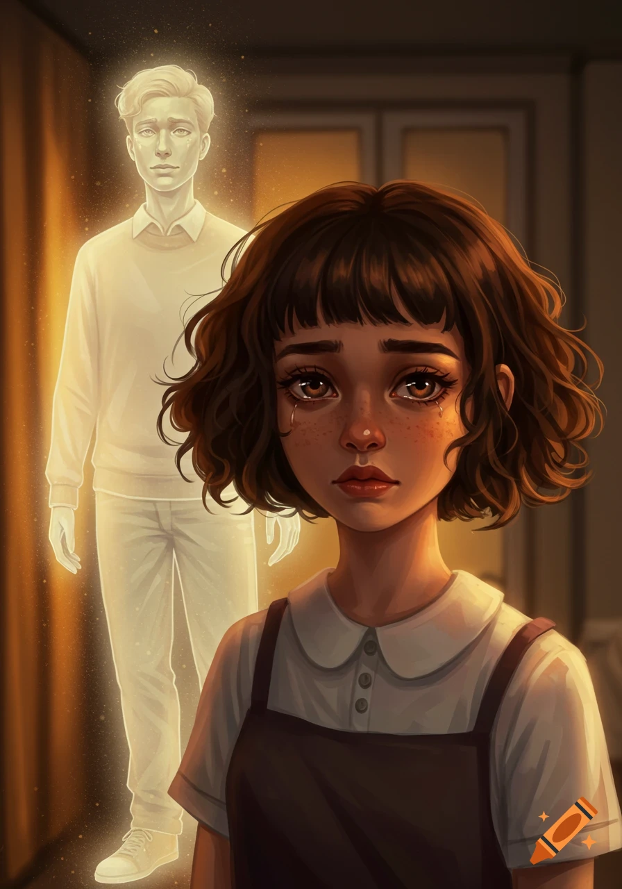 A digital illustration of a crying girl with short brown hair, with an ethereal glowing ghost man standing behind her.