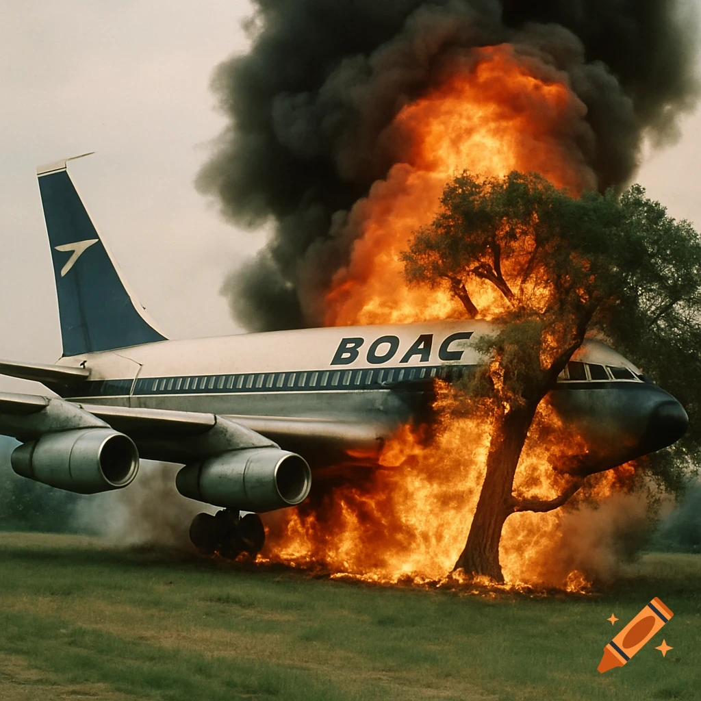 A Boeing 707 airplane, with 'BOAC' on its side, crashed into a tree on a grassy field, engulfed in flames and smoke. Photorealistic.