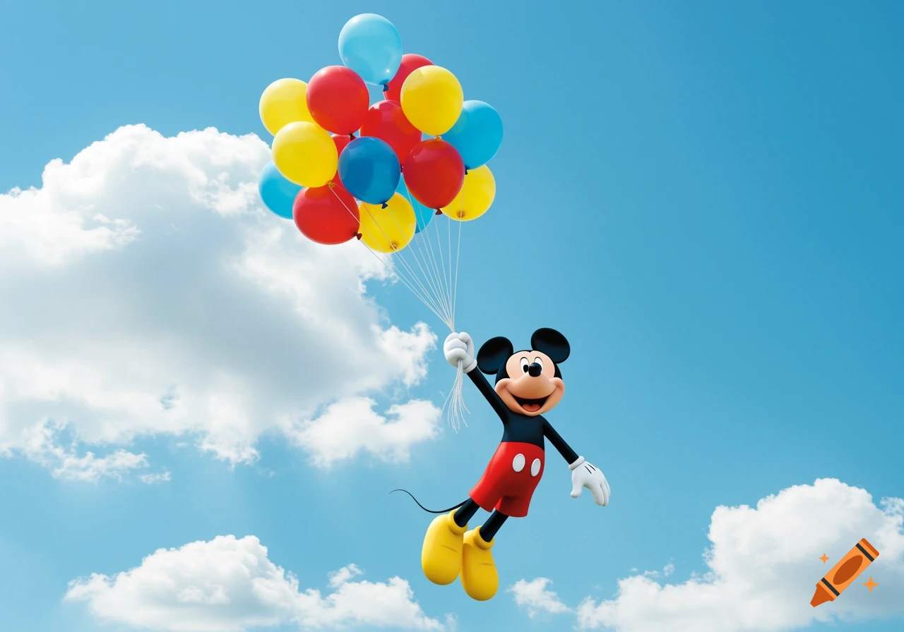 Mickey Mouse flies in a bright blue sky holding a large bunch of colorful red, yellow, and blue balloons, with fluffy white clouds.