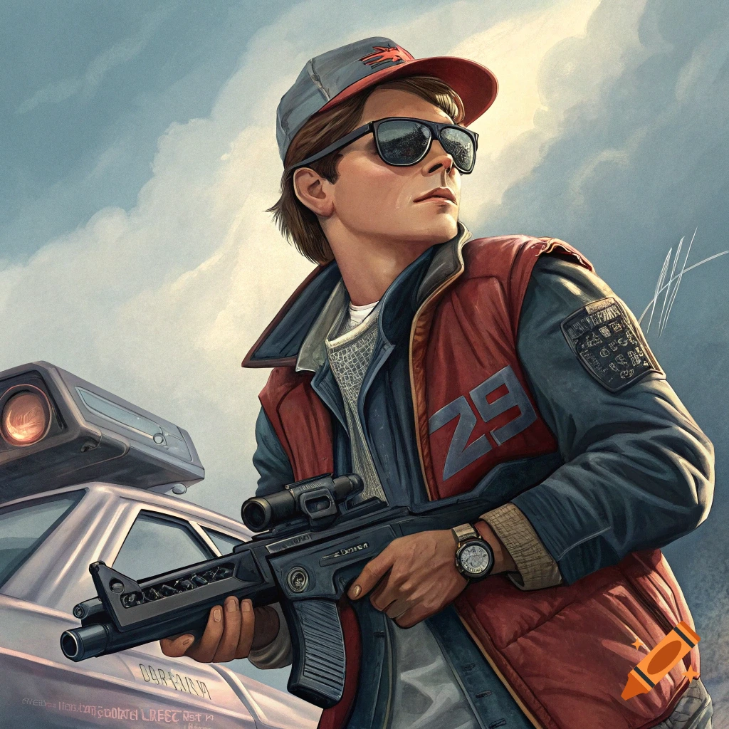 An illustration of Marty McFly in sunglasses and a cap, holding a machine gun, with a car in the background.
