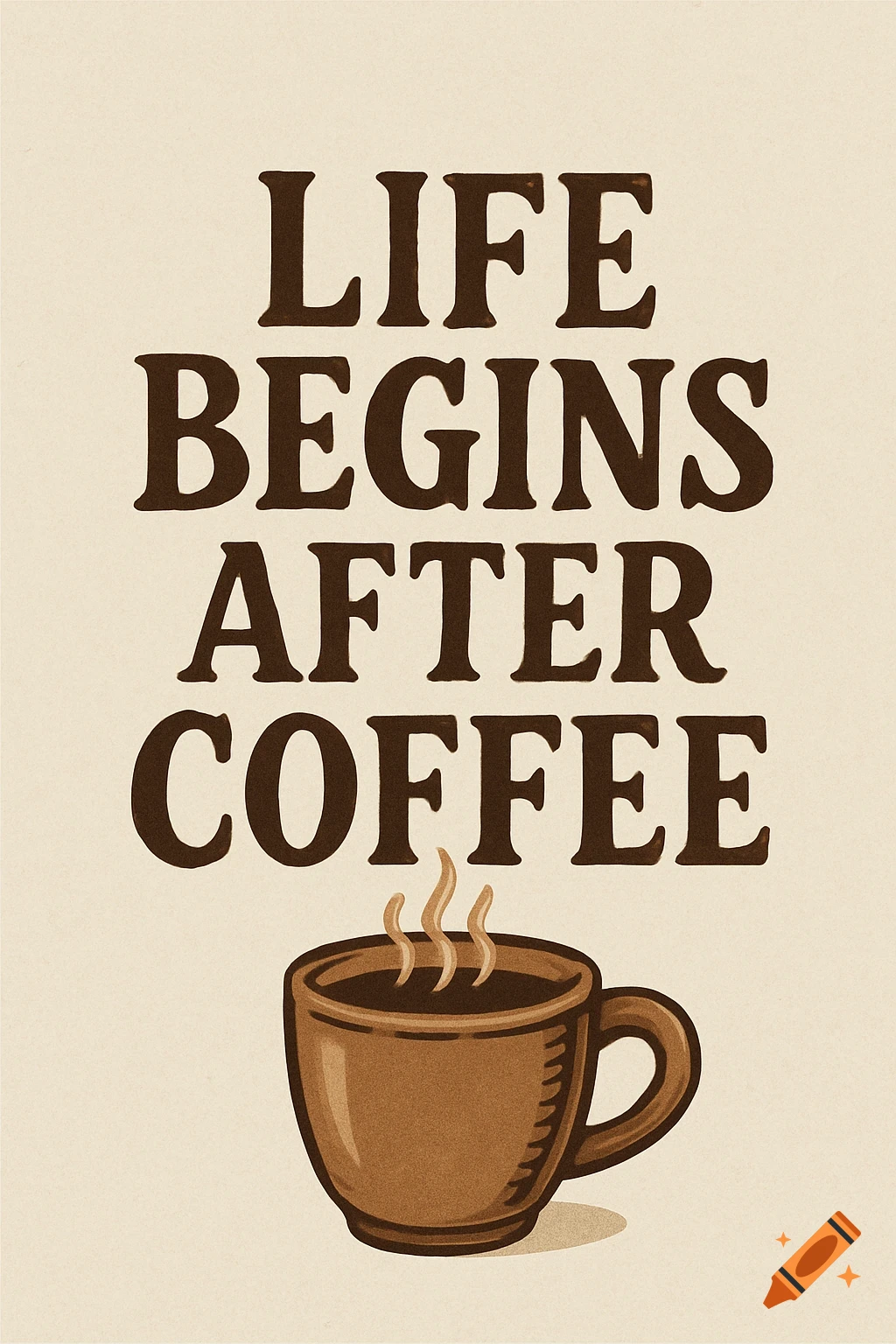 Vintage illustration with brown text 'LIFE BEGINS AFTER COFFEE' above a steaming brown coffee mug on a beige background.