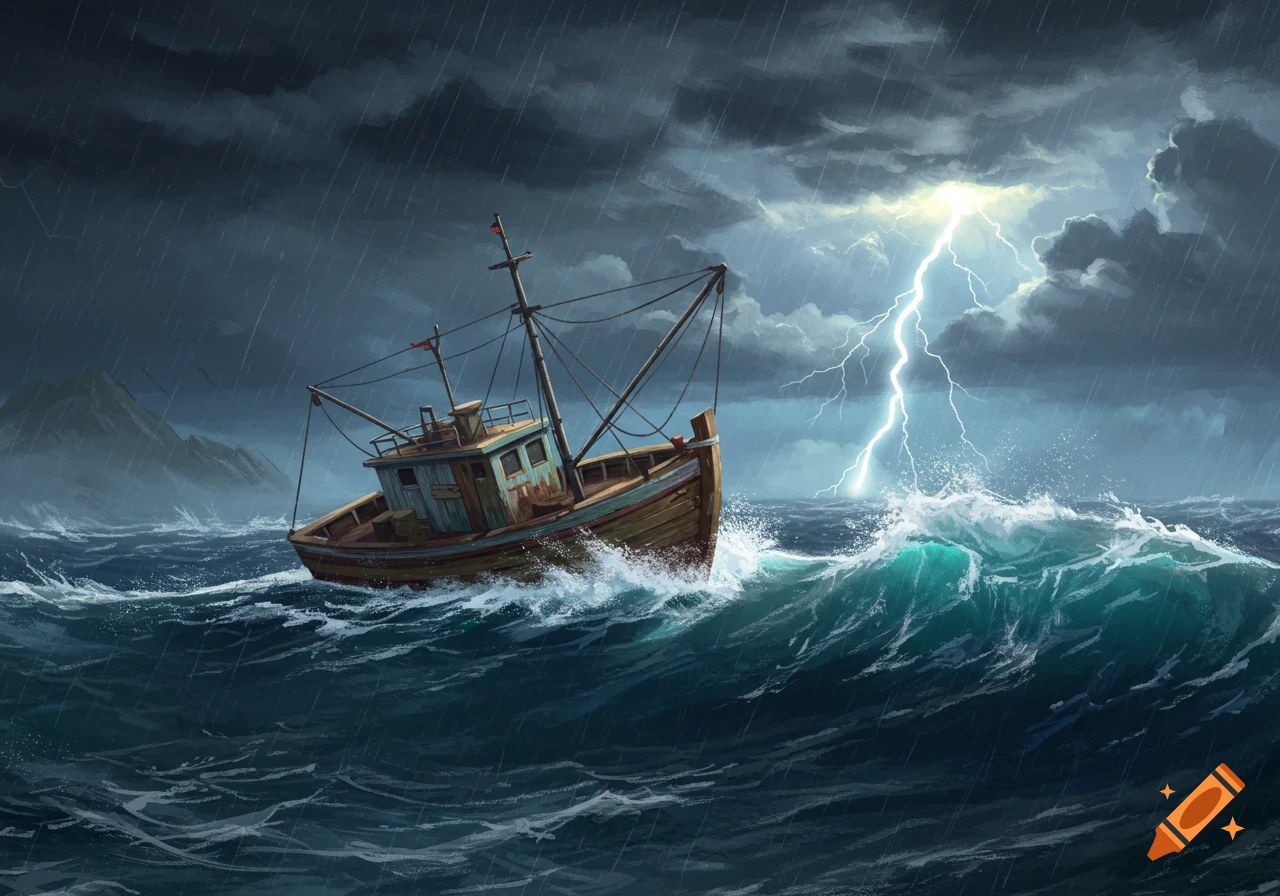 An illustration of a fishing boat tossed by large waves under a dark, stormy sky with lightning.