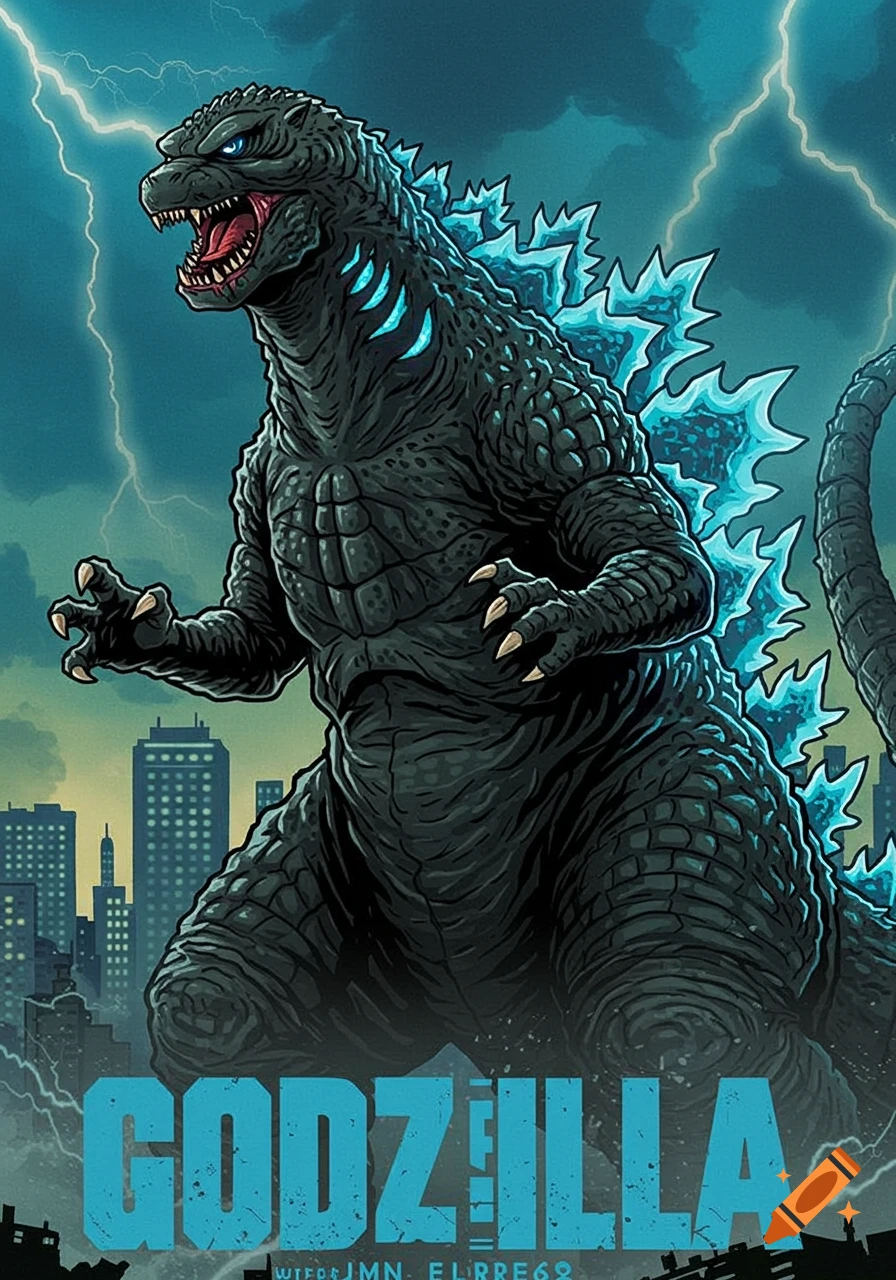 A stylized illustration of Godzilla roaring in a city with lightning in the sky. The title 'GODZILLA' is at the bottom.