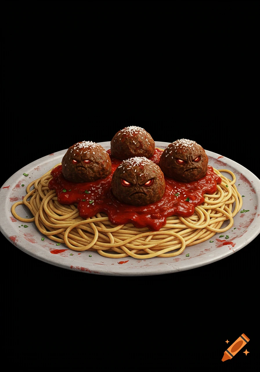 A plate of spaghetti and meatballs with four angry, glowing-eyed, monstrous meatballs and red sauce, on a dark background.