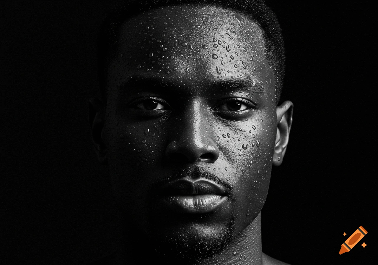 High-contrast black and white close-up portrait of a young man with water droplets glistening on his face against a dark background.