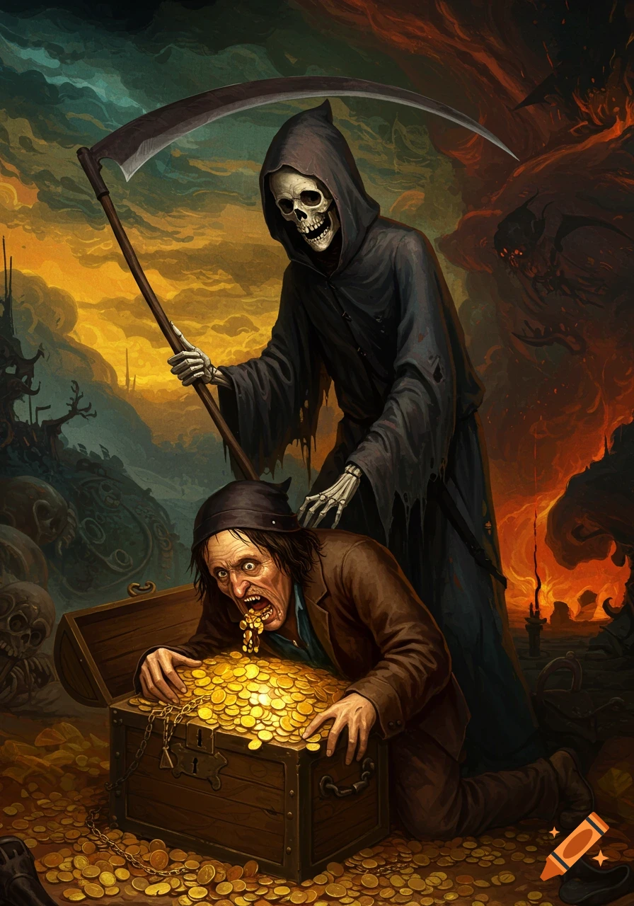 A skeletal Grim Reaper looms over a grotesque, wild-eyed man greedily eating gold coins from a treasure chest in a dark, ominous landscape.