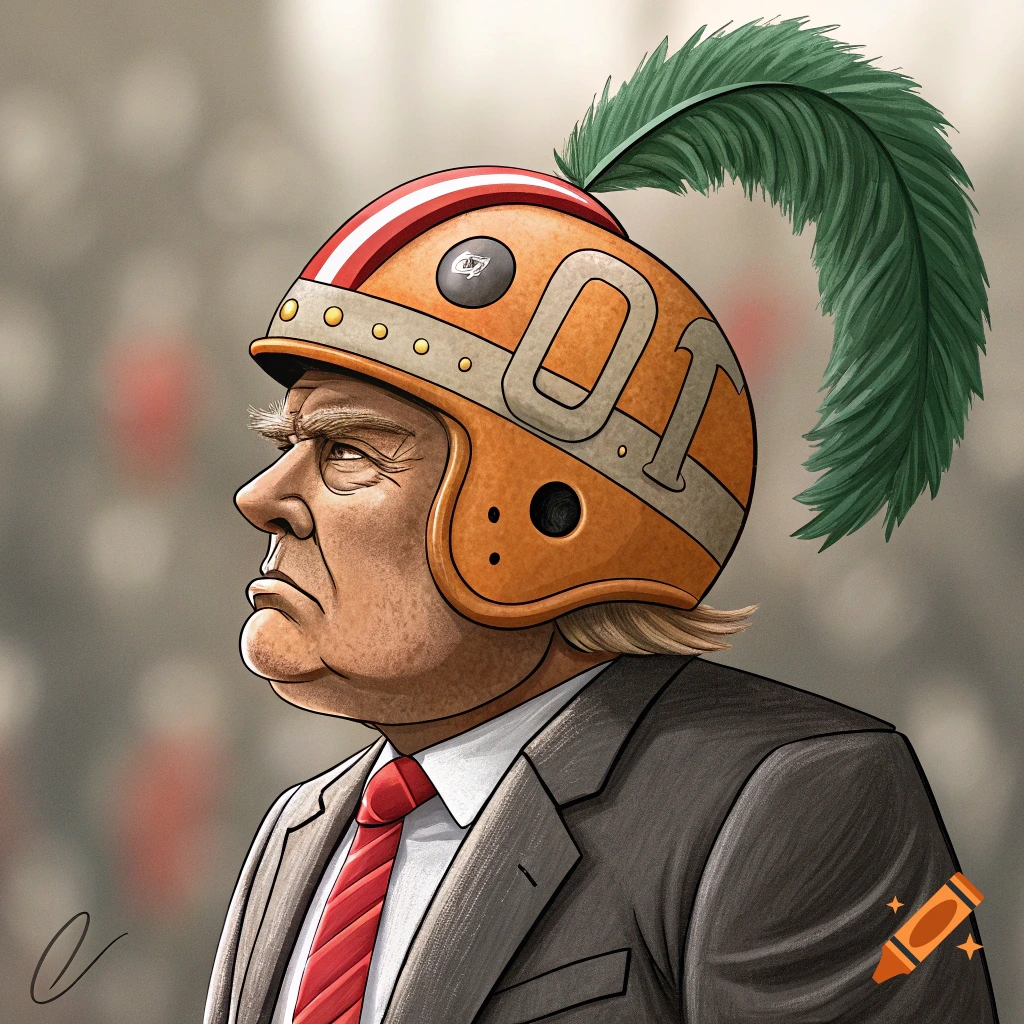 Caricature of Donald Trump in profile, wearing an orange vintage football helmet with a green feather and an 'O' logo, against a blurred background.