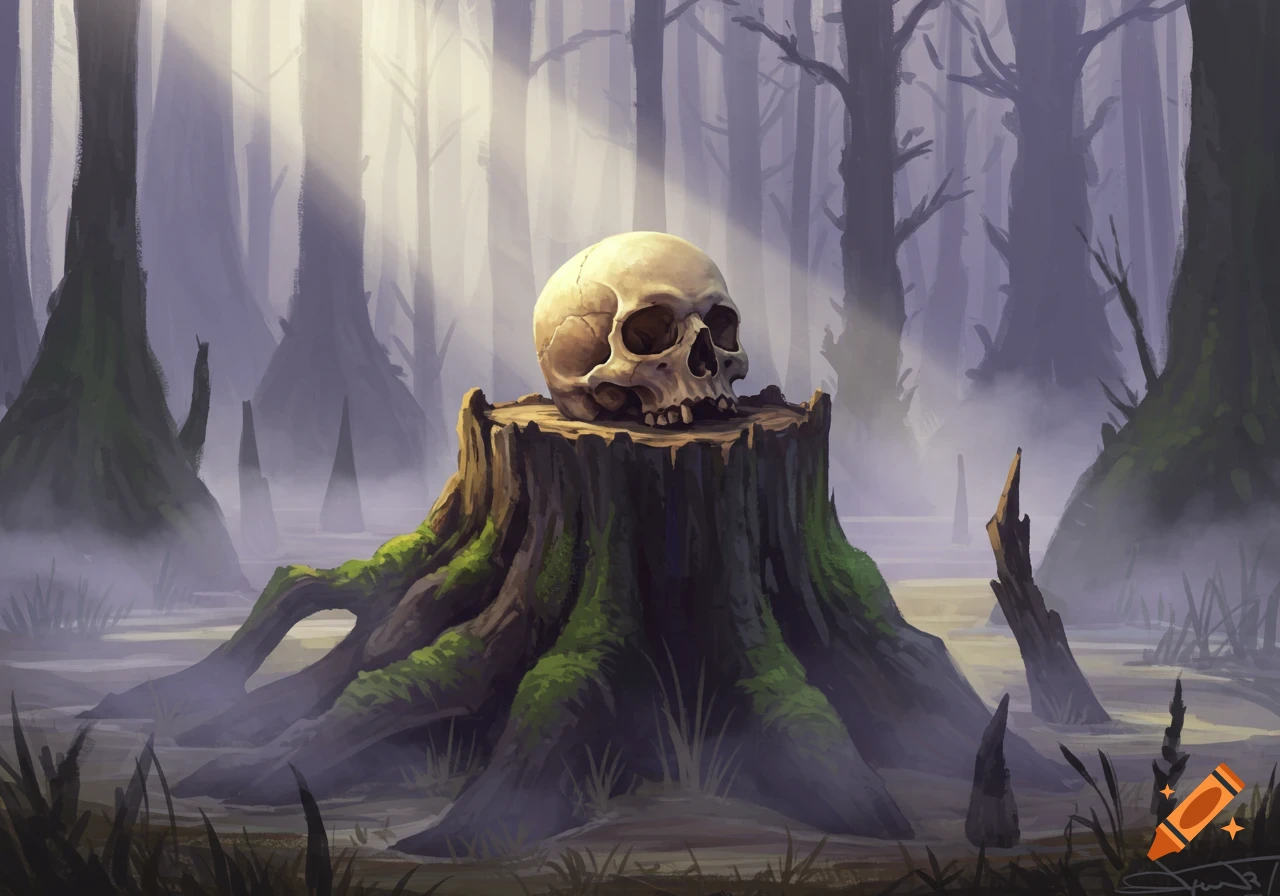 A skull rests on a mossy tree stump in a misty swamp forest with light filtering through trees.