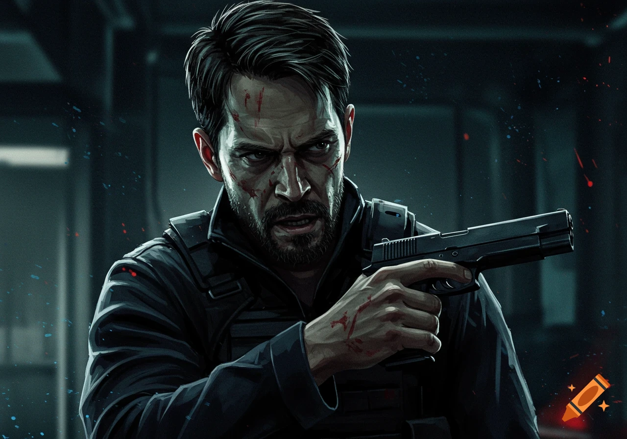 A determined man with a beard and blood on his face holds a handgun in a dark, gritty illustration.
