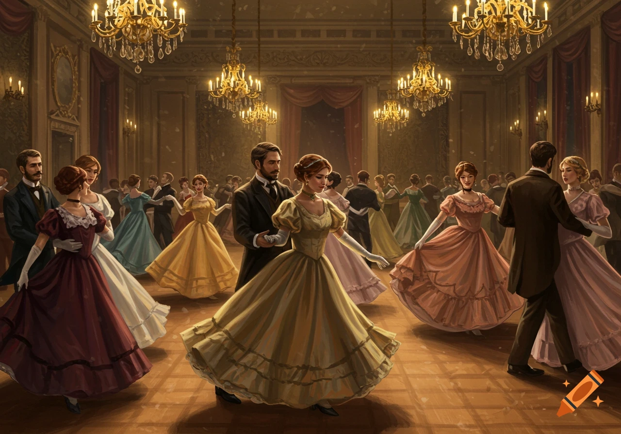 An illustration of people dancing in an ornate Edwardian-style ballroom with grand chandeliers.