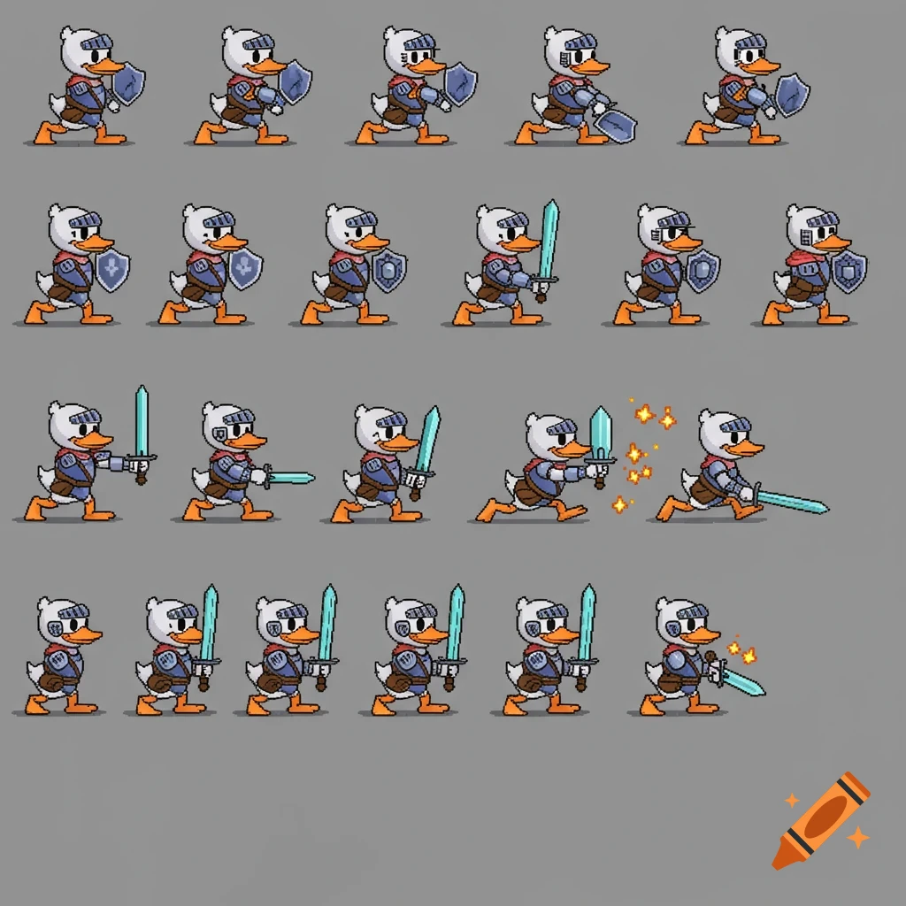 Pixel art sprite sheet of a duck knight in various animated poses: idle, walk, run, jump, attack with sword, and block with shield on a gray background.