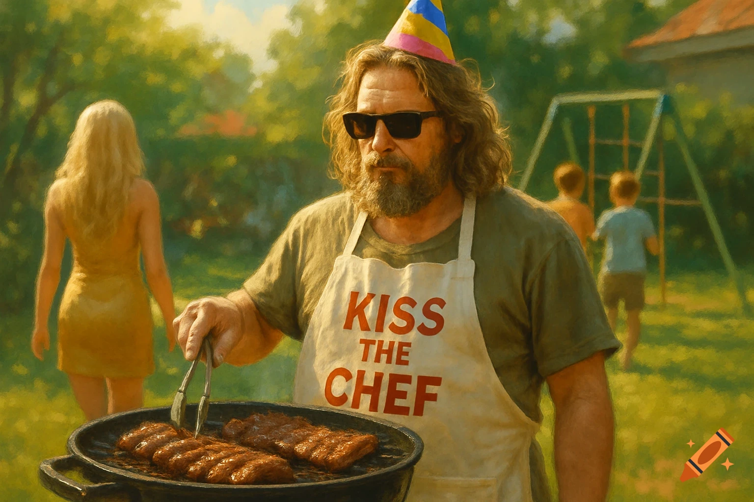 A man in a party hat and apron grilling ribs at a backyard BBQ. A woman and children are in the blurred background, rendered in a painterly style.