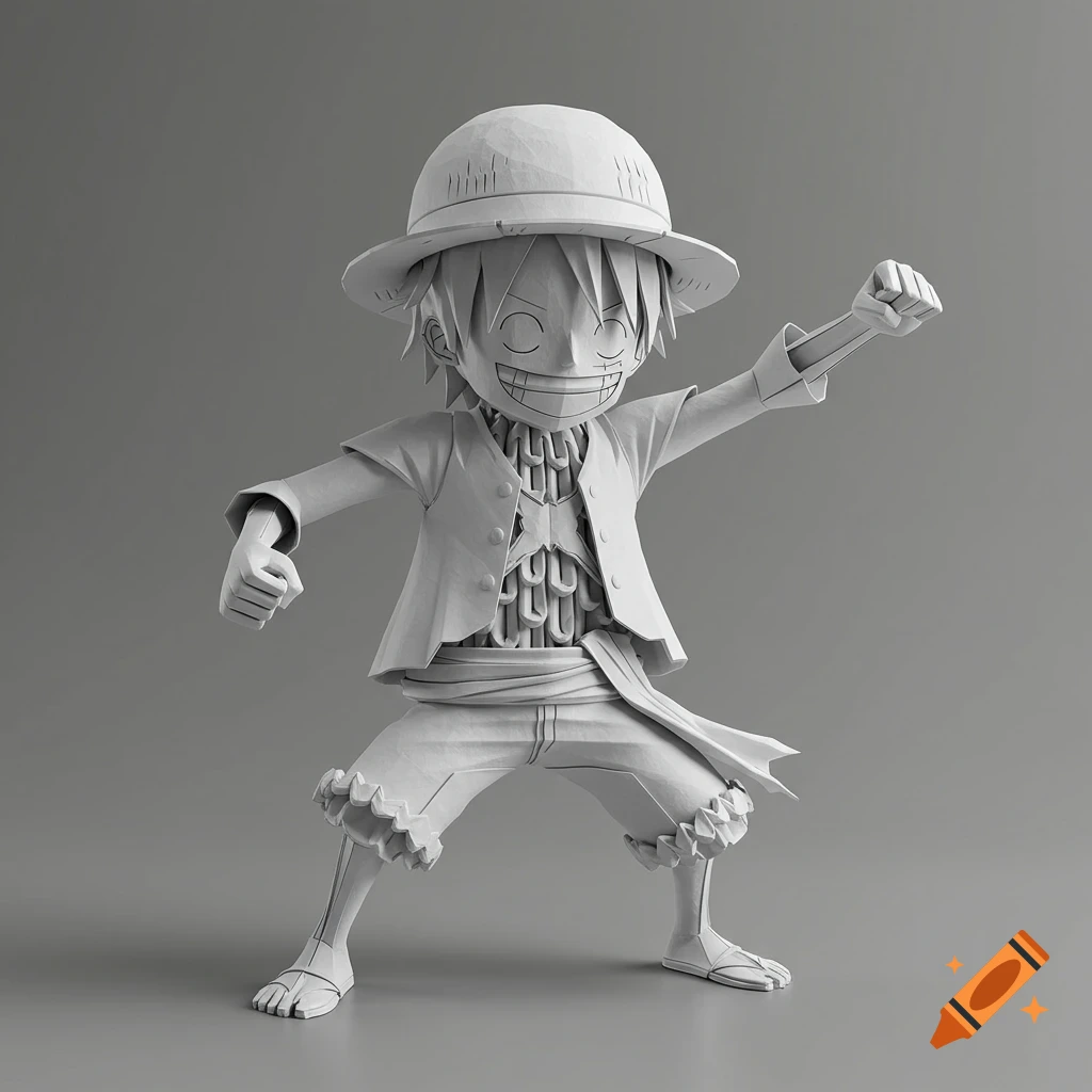 Grey-scale origami style figure of Monkey D. Luffy from One Piece in a dynamic pose.