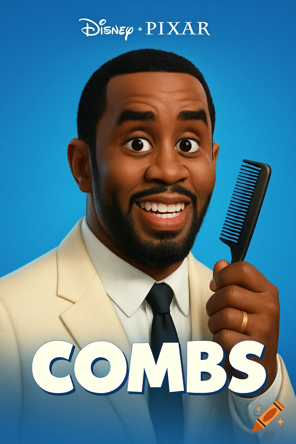 A cartoon man resembling Diddy, with large eyes and a beard, smiling and holding a comb, featured on a blue Pixar movie poster for 'COMBS'.