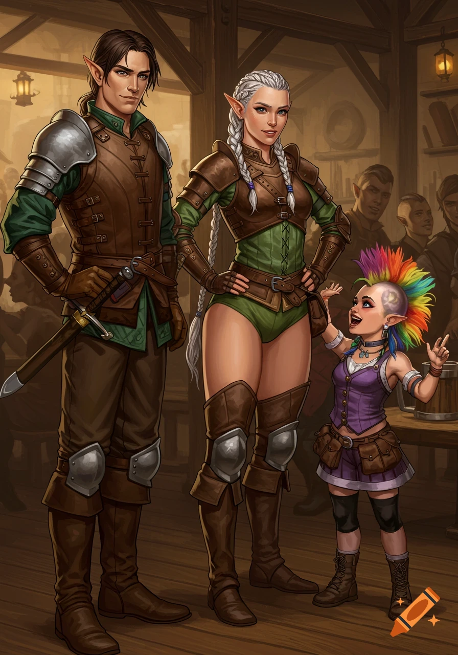 Three fantasy characters, two elves and a small person with a rainbow mohawk, stand in a crowded tavern.