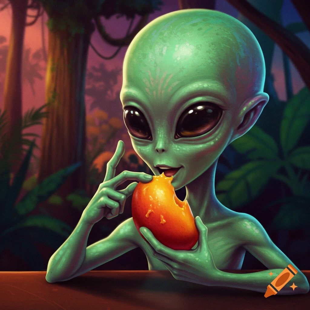 A green alien with large eyes happily eating a mango in a lush jungle setting, rendered in a colorful illustrative style.