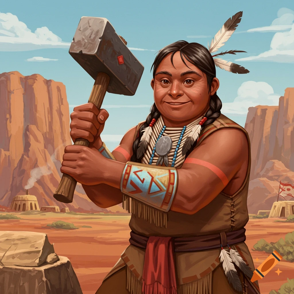 A smiling stylized Native American character, holding a large hammer, stands in a desert landscape with mesas and adobe buildings.