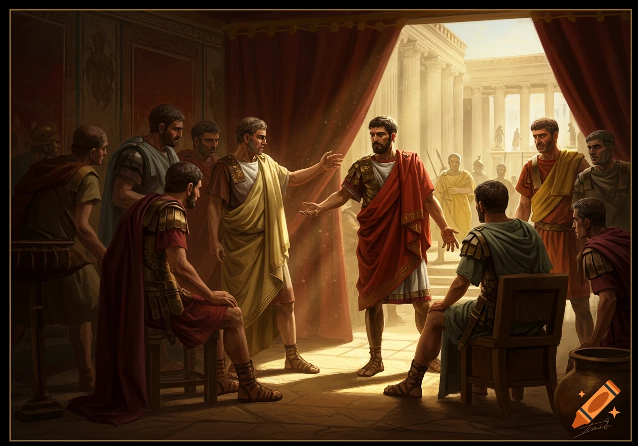 Digital painting of Roman men in togas and armor having a heated conversation in a classical building with an outdoor courtyard.
