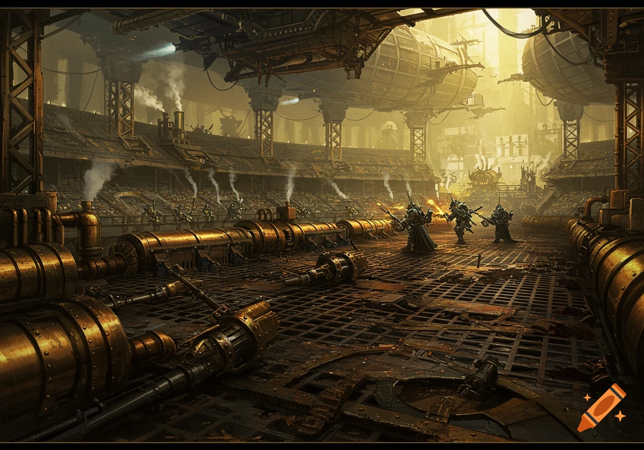 A grand steampunk battle arena with armored figures on a metal floor, pipes, and large airships under a hazy sky.