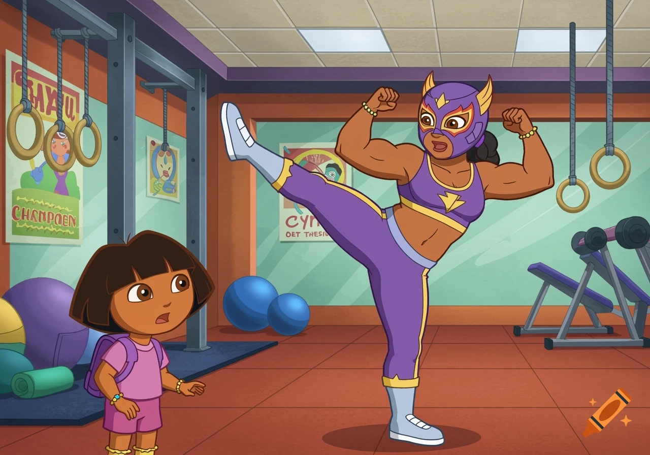 Dora the Explorer watches a powerful female masked luchador flexing and high-kicking in a vibrant cartoon gym.