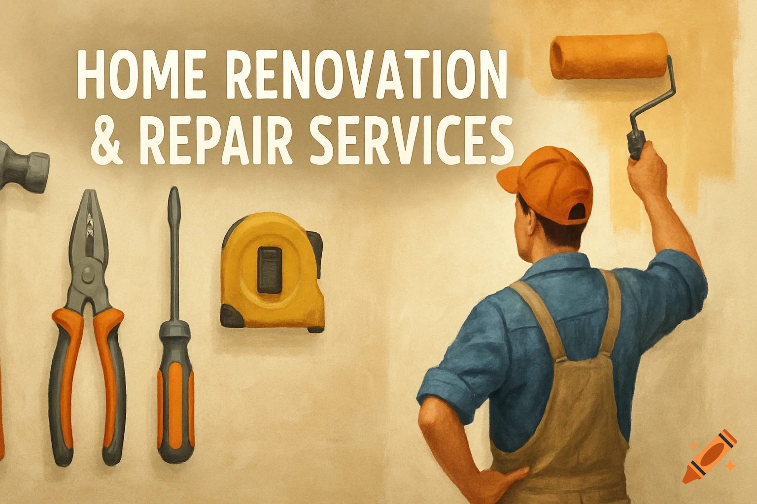 Illustration of a man painting a wall, surrounded by home renovation tools. Text: HOME RENOVATION & REPAIR SERVICES.