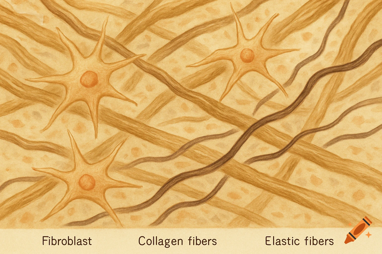 An illustration of areolar connective tissue with fibroblasts, collagen fibers, and elastic fibers, clearly labeled.