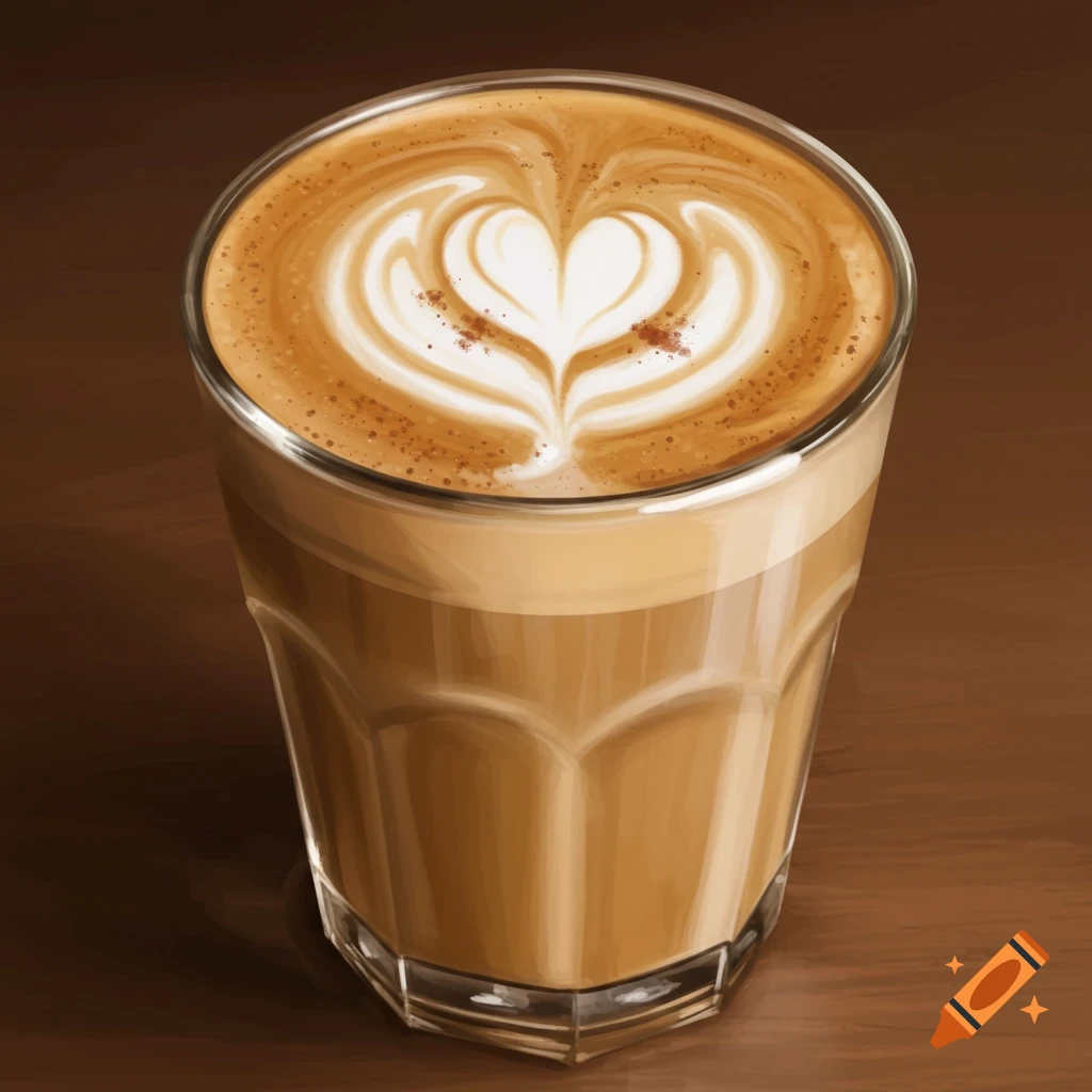 Close-up digital illustration of a cappuccino with heart latte art on a brown surface.