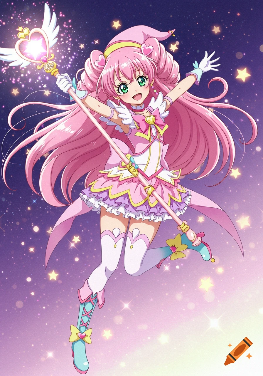 Anime magical girl in a pink outfit holding a glowing heart-tipped wand, floating in a starry purple sky.