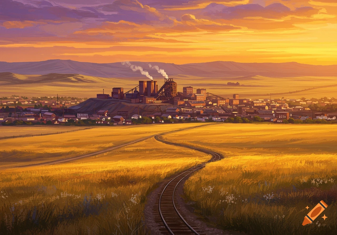 An industrial town with smoking chimneys nestled in a golden prairie, with a curving railway track in the foreground, under a vibrant orange and purple sunset sky.