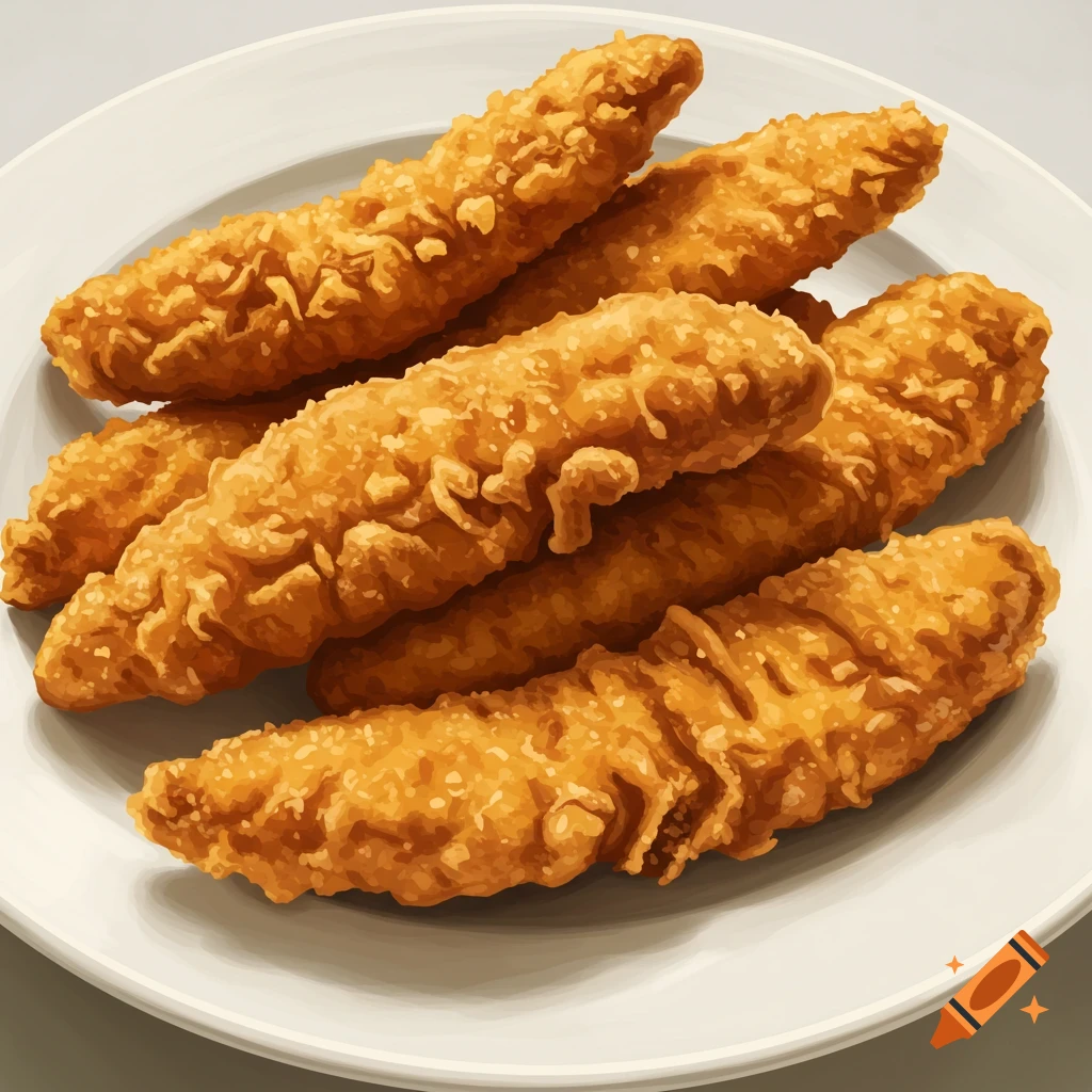 A plate of crispy golden-brown fried chicken strips.
