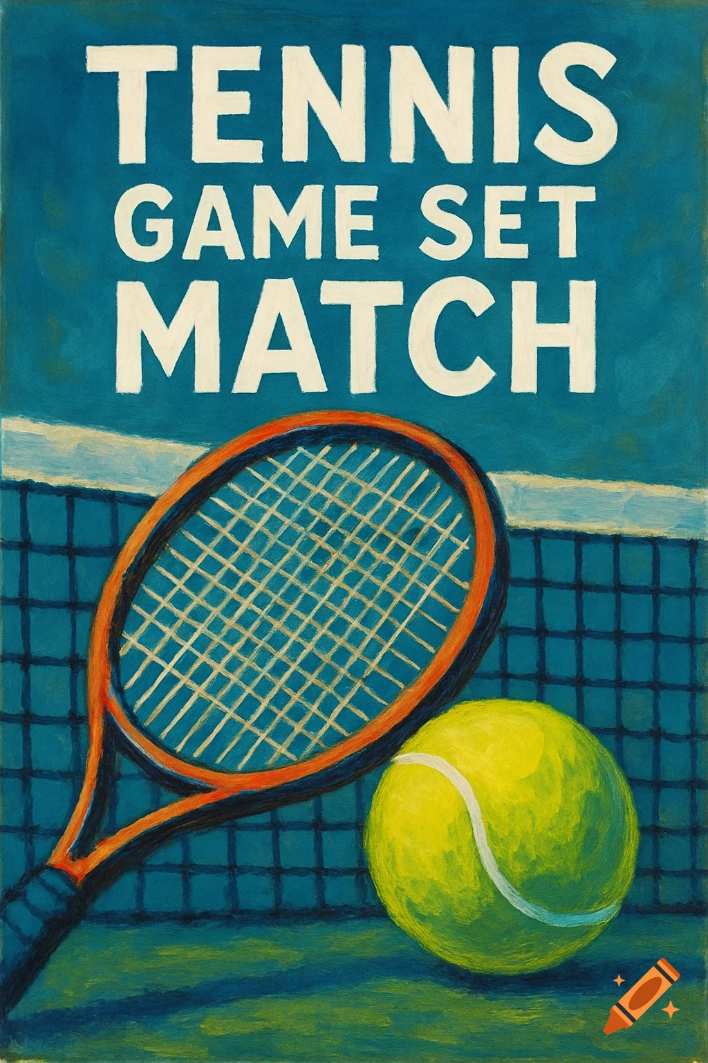 A colorful illustration of a tennis racket, a bright yellow tennis ball, and a tennis net with the text 'TENNIS GAME SET MATCH' above them.