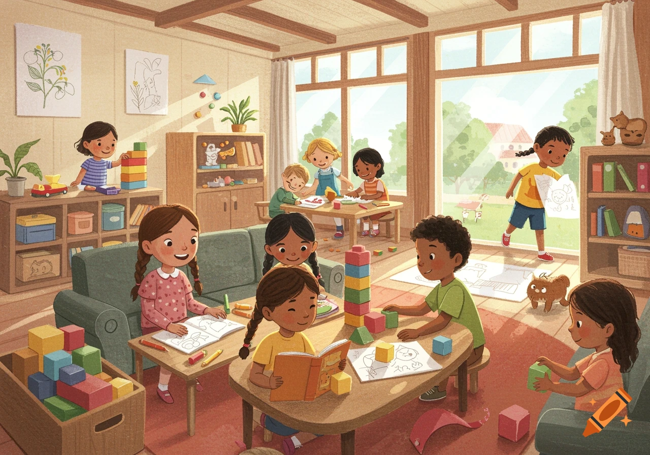Children play with blocks, draw, and read in a brightly lit playroom in a children's book illustration style.