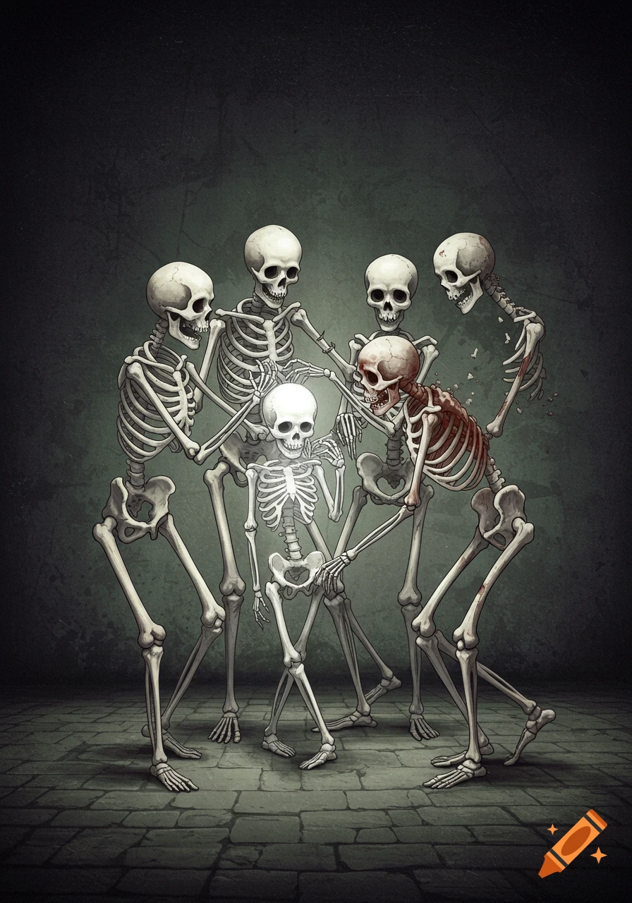 Seven stylized skeletons in a dark room, gathered around one with a decaying ribcage and skull.