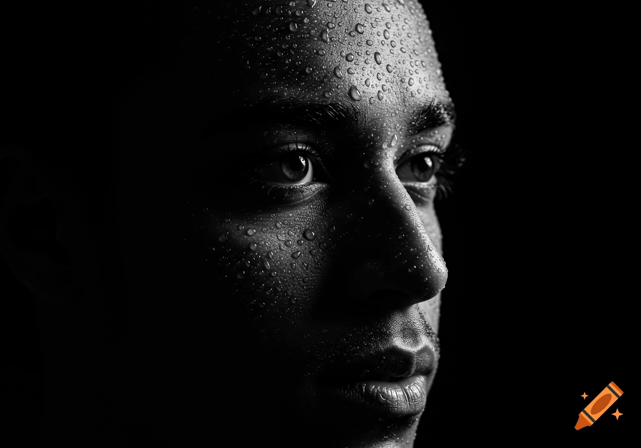 Close-up, high-contrast black and white portrait of a person's face covered in water droplets.