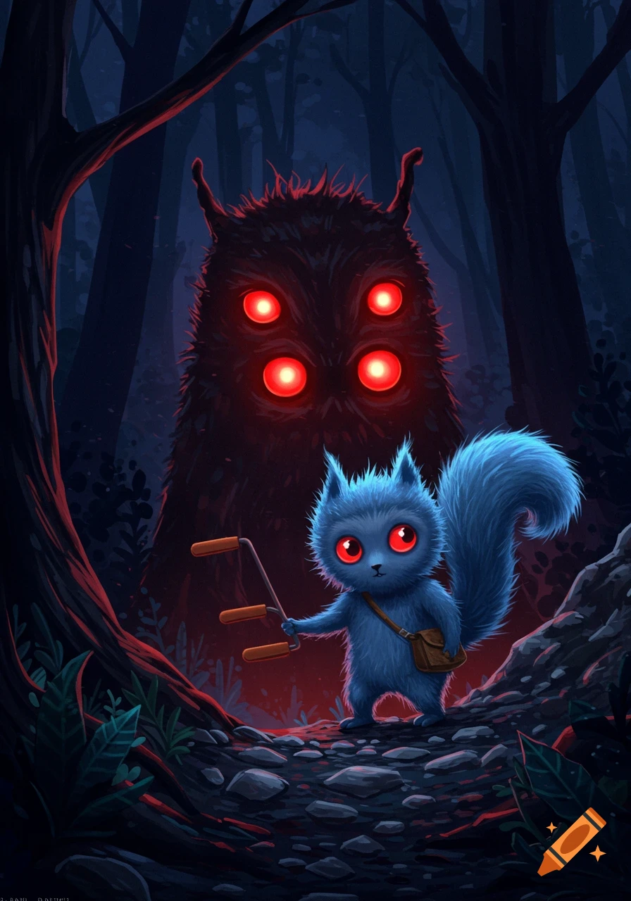 A cute blue furry creature with red eyes holds a strange slingshot, facing a giant, shadowy monster with four glowing red eyes in a dark, stylized forest.
