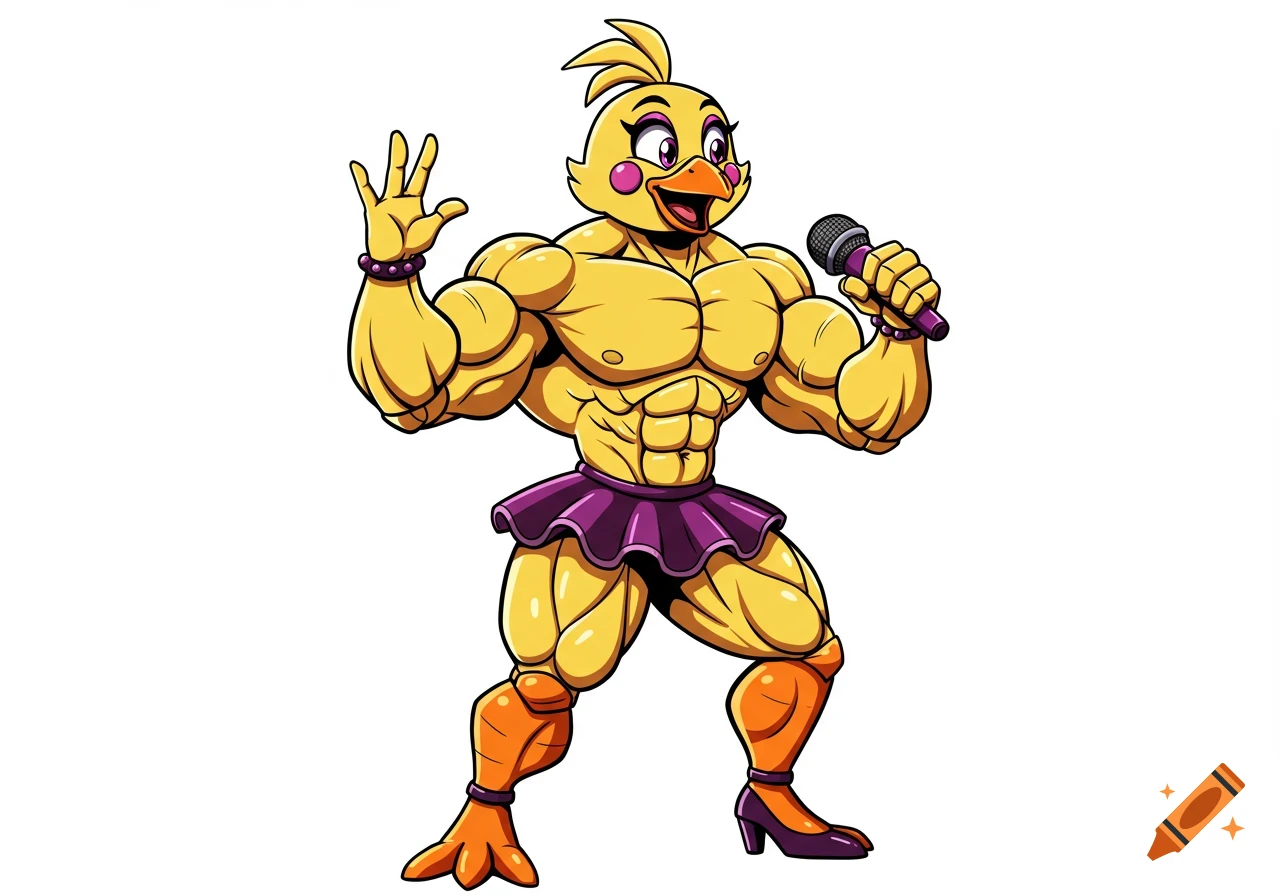 A muscular yellow cartoon chicken in a purple skirt and high heels, singing into a microphone and waving.