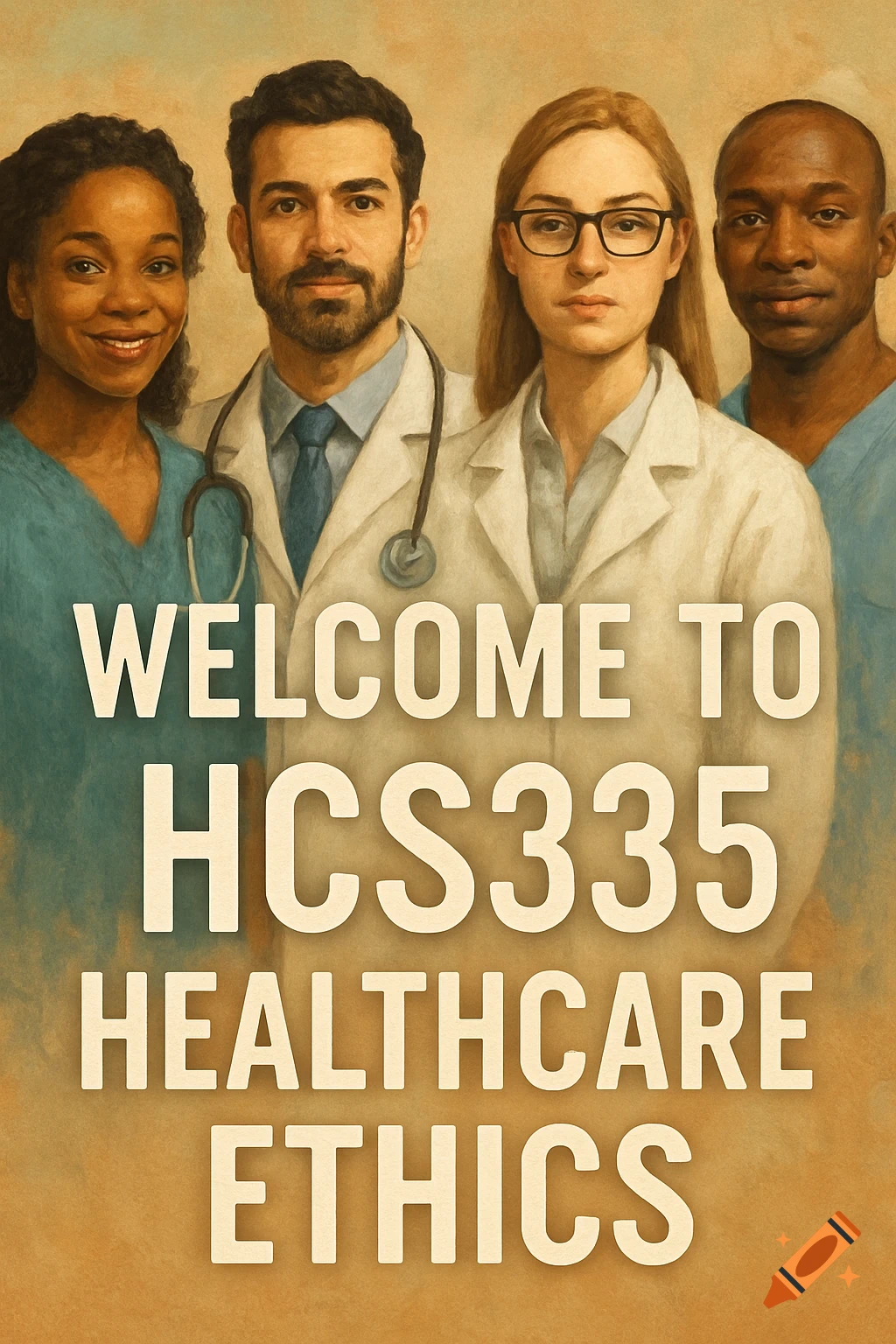 A group of diverse healthcare providers stand behind the text 'Welcome to HCS335 Healthcare Ethics' in a painterly style.