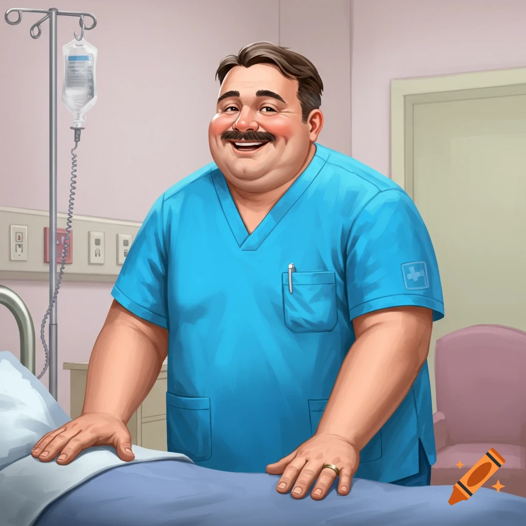 A smiling male nurse in blue scrubs stands next to a hospital bed, an IV drip visible in the background, in a cartoon style.